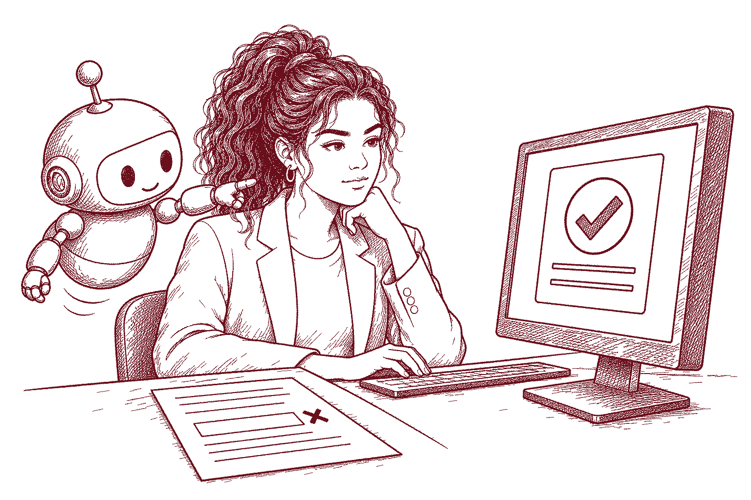 Noor kijkt naar een scherm met een vinkje, terwijl op haar bureau een formulier ligt met een leeg veld en een kruisje; Twijn wijst naar het scherm