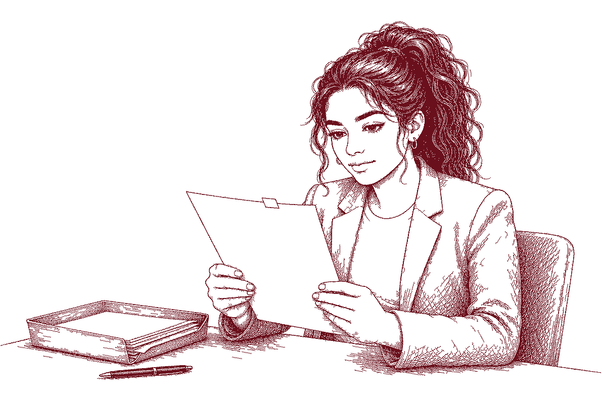 Noor leest bij haar bureau een uitgezonderd document na, naast een bakje met apart gelegde documenten