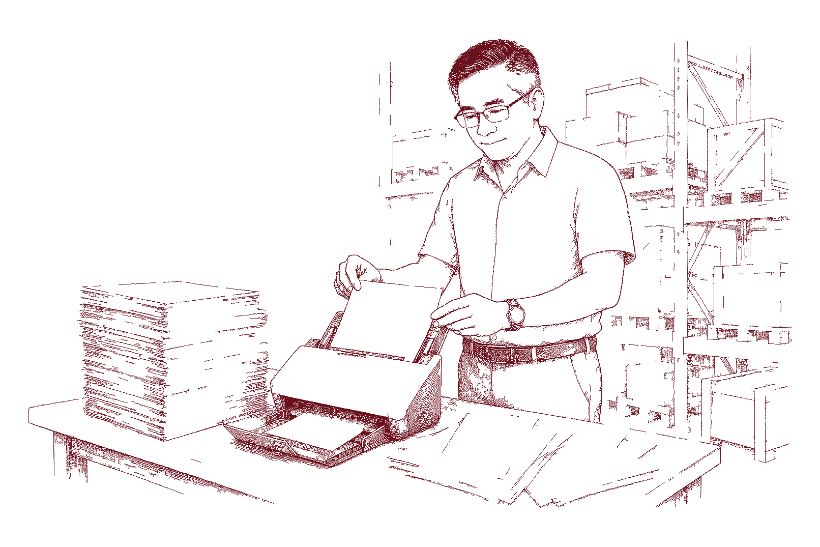 Bayu voert bij een magazijntafel een pakbon in een documentscanner, naast een stapel facturen