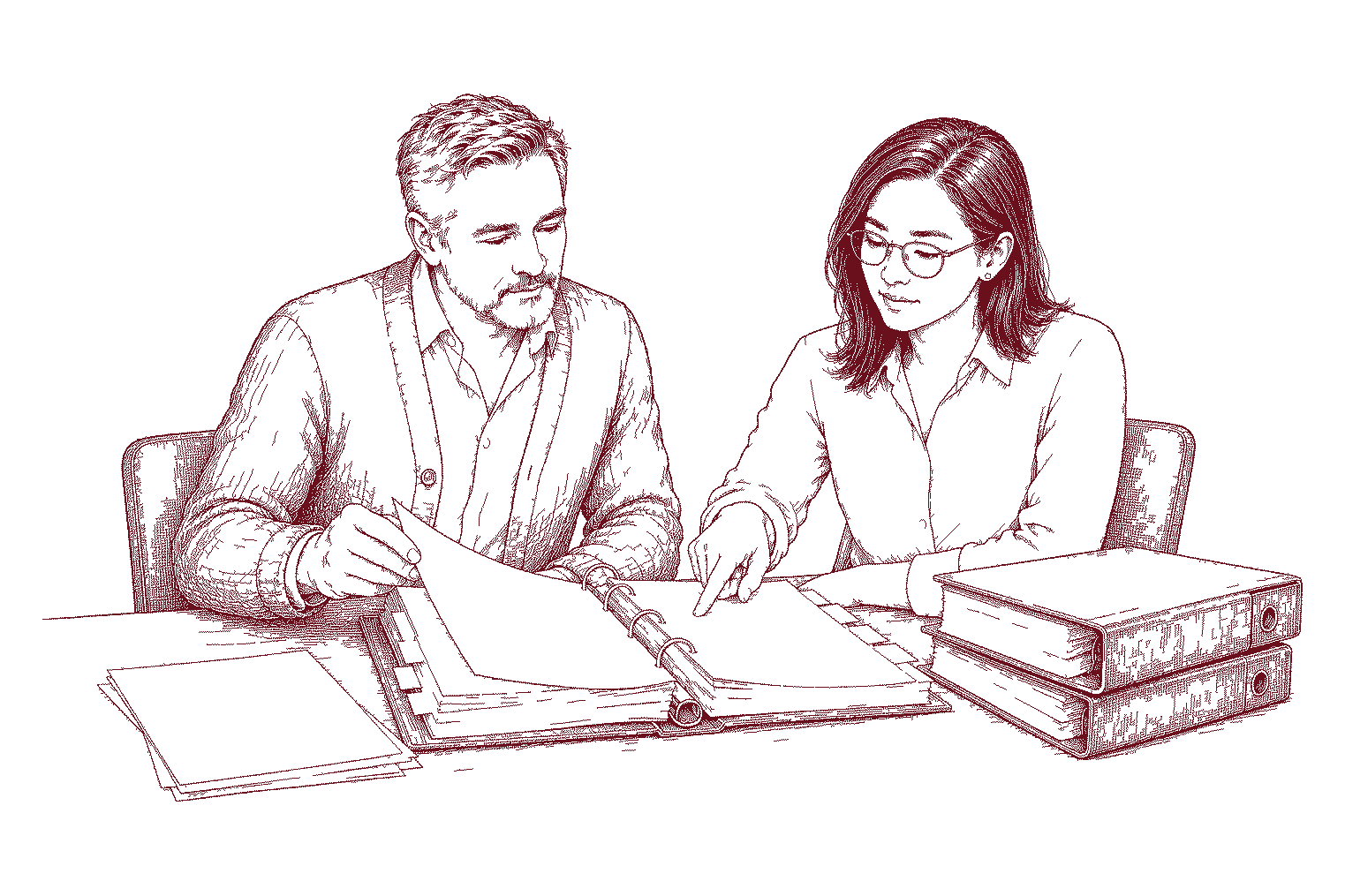 Willem en Mei nemen samen een dossier met tabbladen door, met ordners op tafel