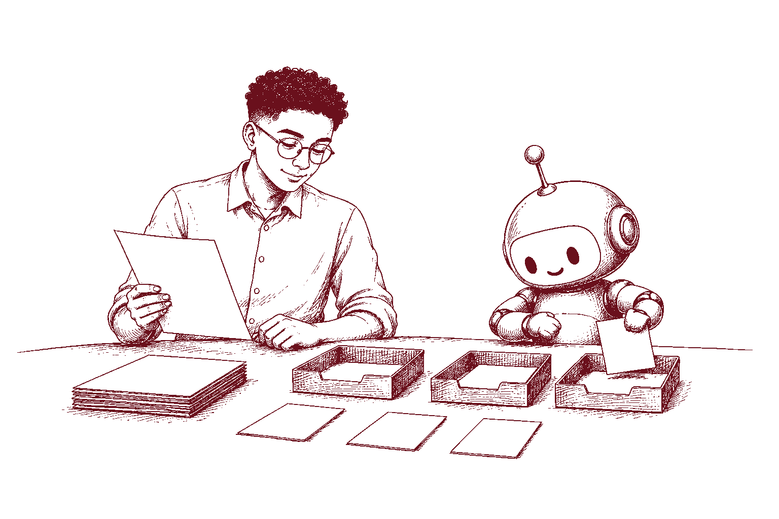 Een medewerker en robot sorteren samen documenten en taakkaarten