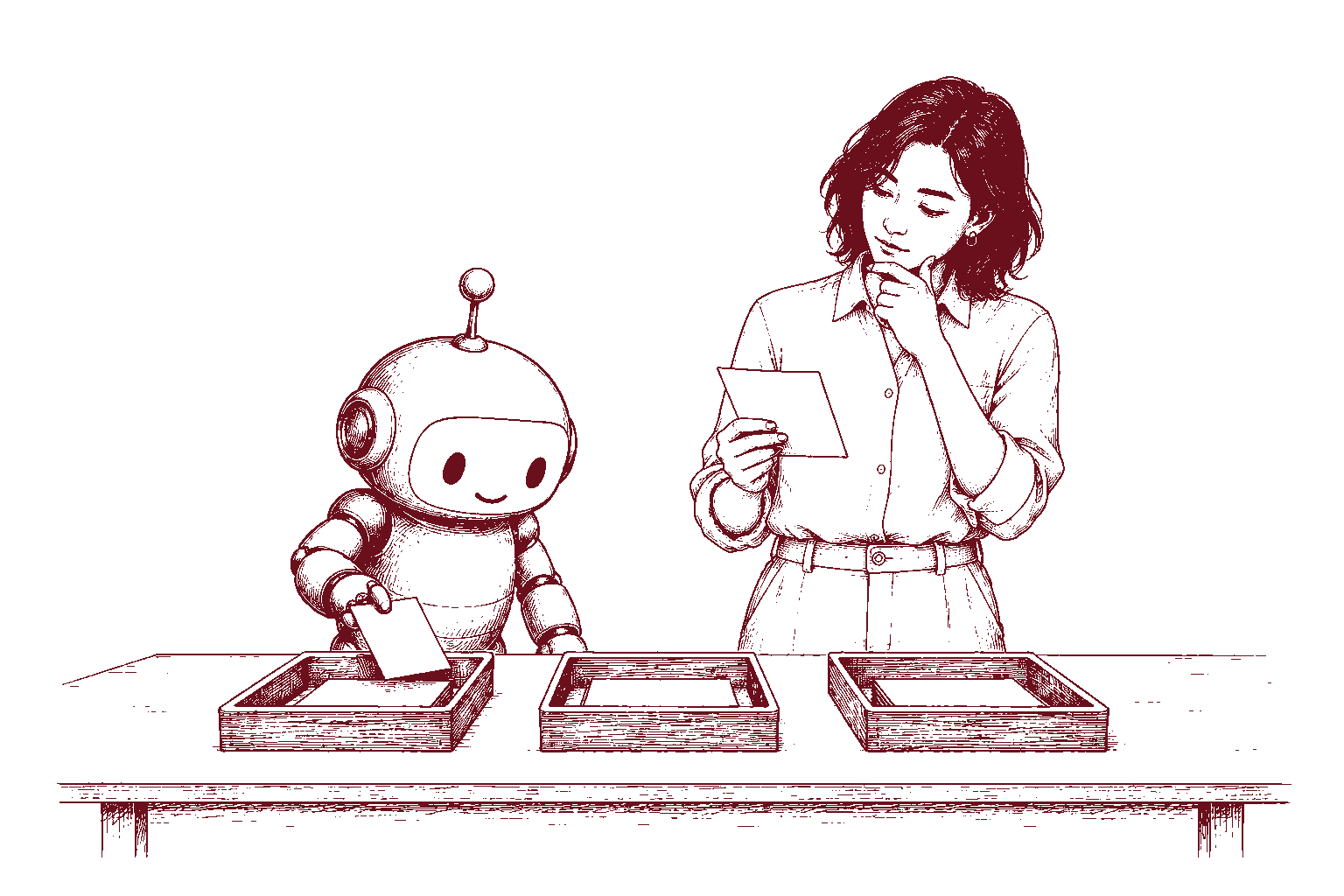 Een robot sorteert kaarten terwijl een medewerker een twijfelgeval beoordeelt
