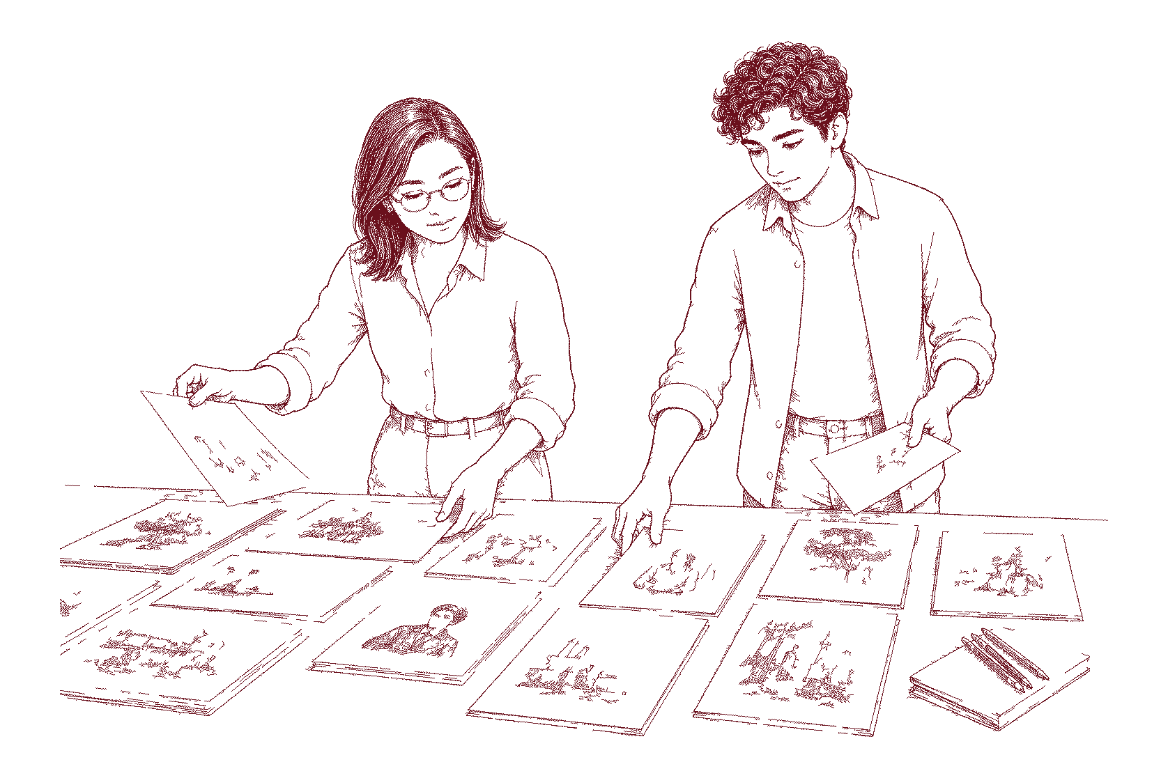 Mei en Luca leggen aan een grote tafel gedrukte concepten in een raster en schuiven ze om