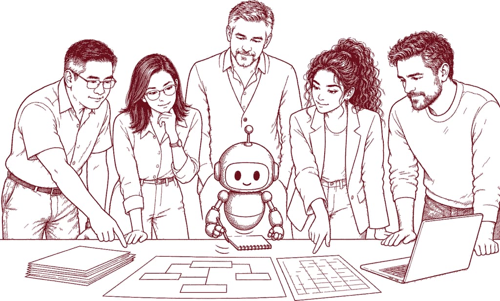 Bayu, Mei, Willem, Noor en Daan buigen zich over hun werk op tafel terwijl Twijn de scan invult op zijn blocnote (illustratie)