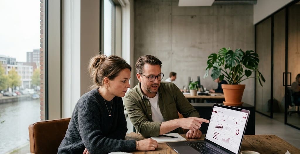 Twee collega's bekijken samen een laptop