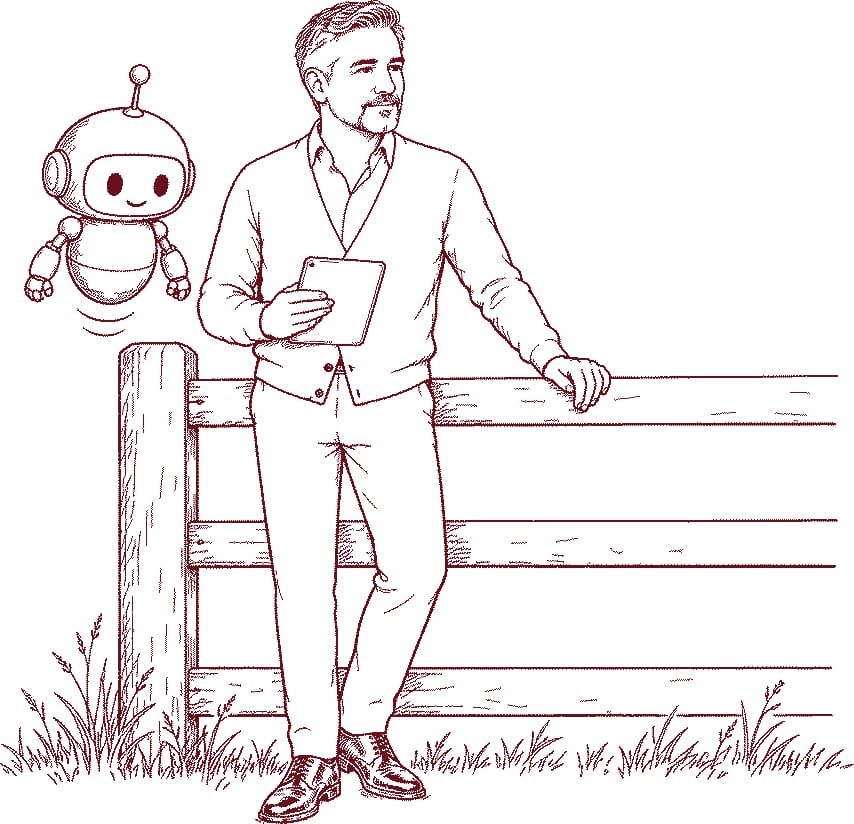 Willem staat bij het hek met een tablet in de hand, Twijn zweeft naast de paal (illustratie)