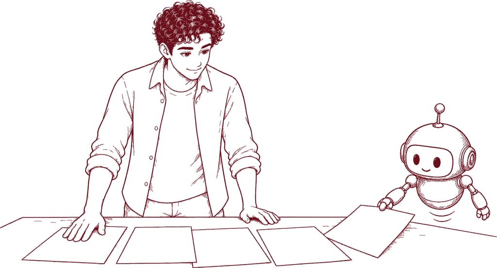 Luca kiest één versie uit vier concepten op tafel, terwijl Twijn een vijfde bijschuift (illustratie)