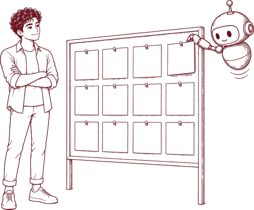 Luca kijkt naar een gevulde contentplanning op het prikbord terwijl Twijn er nog een kaart bij prikt (illustratie)