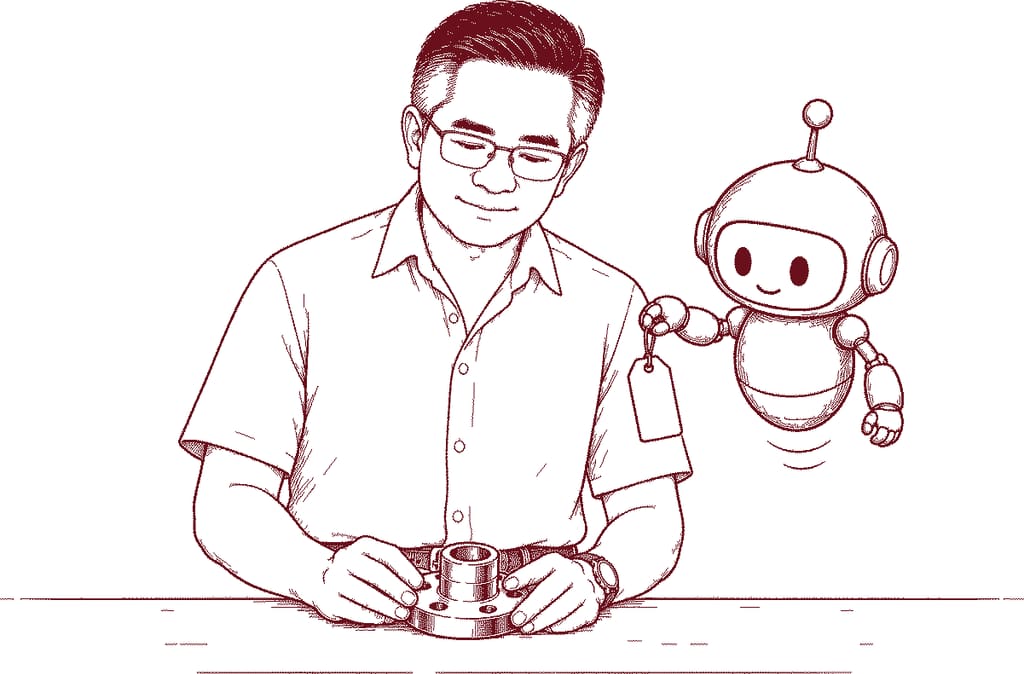 Bayu inspecteert een onderdeel aan de werkbank terwijl Twijn een label aanreikt (illustratie)