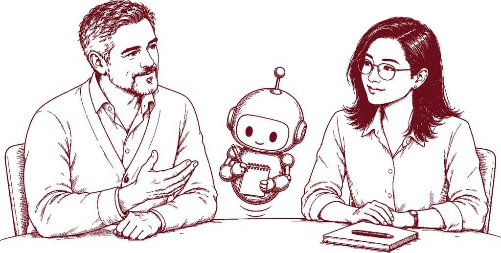 Willem en Mei in gesprek aan tafel, met Twijn ertussen zodat de pen blijft liggen (illustratie)