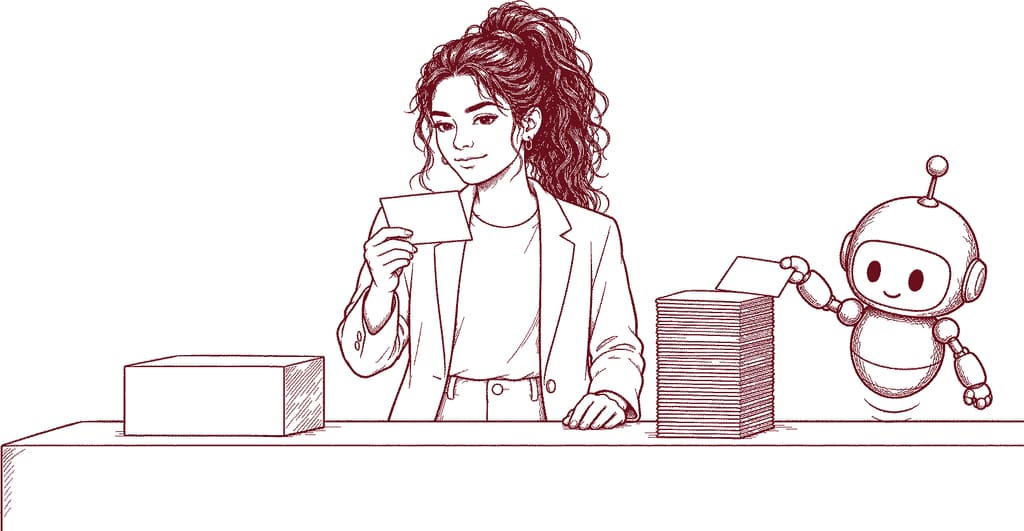 Noor houdt één kaart omhoog uit een stapel identieke klantvragen achter de toonbank (illustratie)