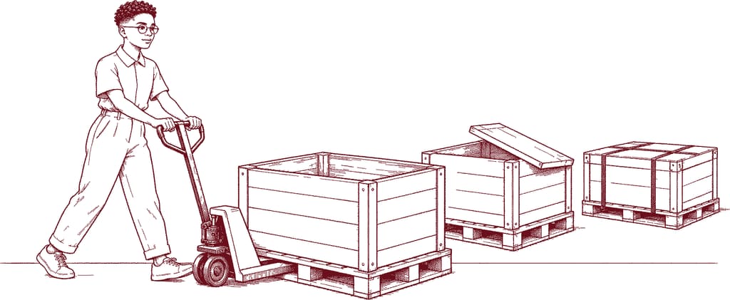Robin rijdt een pallettruck langs drie pallets: uitgepakt, half open en nog verzegeld (illustratie)