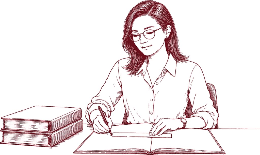 Mei vergelijkt twee pagina's in een openliggend dossier met een liniaal (illustratie)