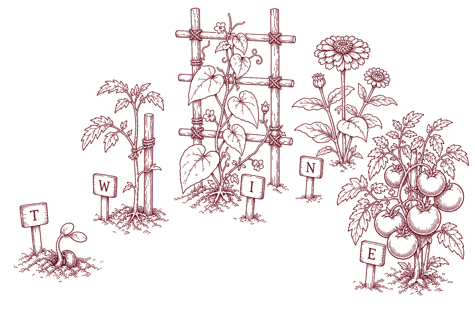 Een productieve tuin met vijf planten in verschillende groeistadia, elk gemarkeerd met een houten plantlabel dat samen T W I N E spelt